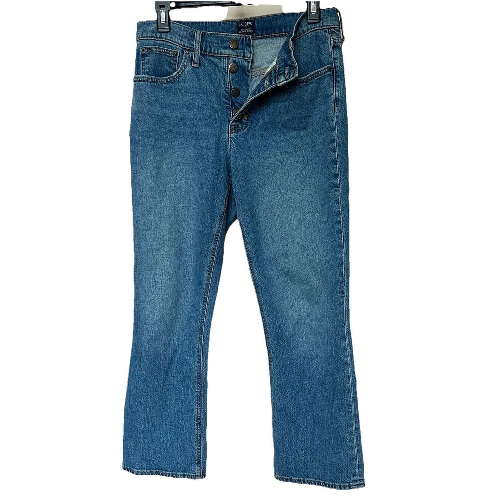 J Crew Jeans Mid Rise Flare Crop Womens 27 Button Fly Blue Retro Denim Preppy